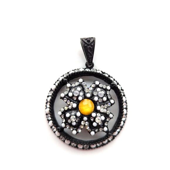 Stunning Black Metal Beaded Rhinestone Large Floral Open Goth Pendant - Picture 1 of 3